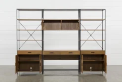 Hollis 3 Piece 115" Desk With Wide Cabinet Piers -Furniture Store 225508 brown wood desk and hutch set detail 46