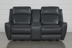 Bridget Grey 74" Power Reclining Console Loveseat With Power Headrest, Lumbar & USB -Furniture Store 248841 grey polyester console loveseat front 02
