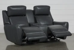 Bridget Grey 74" Power Reclining Console Loveseat With Power Headrest, Lumbar & USB -Furniture Store 248841 grey polyester console loveseat recline 04