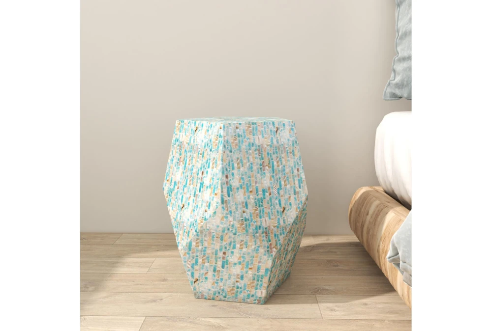 16" Shell Pentagon Faceted Multi-Color Drum Accent Table - Image 8