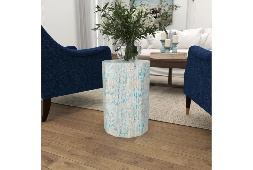 13" Natural Wood And Shell Round Faceted Multi-Color Accent Table 12 13" Natural Wood And Shell Round Faceted Multi-Color Accent Table - Image 10