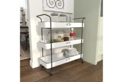 Rectangular White Iron 3 Tier Farmhouse Rolling Storage Cart -Furniture Store 276491 white metal bar cart room 93