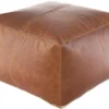 22X22 Brown Leather Square Pouf Ottoman