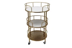 White/Gold Metal 3 Tier Round Rolling Bar Cart