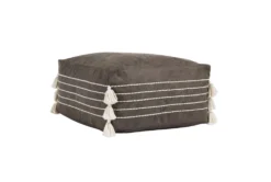 24X24 Dark Hickory Brown Faux Leather Floor Cushion Pouf With Stripes + Corner Tassels