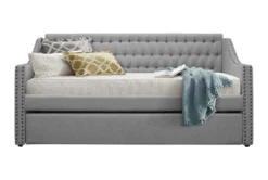 Luxe Grey Twin Upholstered Daybed With Trundle -Furniture Store 305502 grey fabric daybed front 02