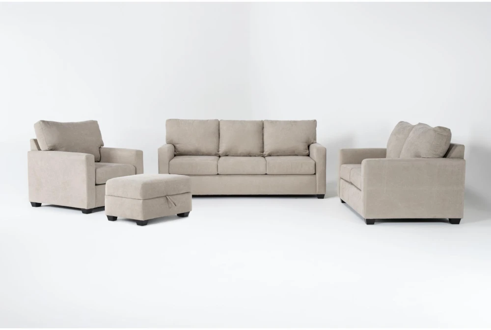 Aramis Cream 4 Piece Sofa, Loveseat, Chair & Storage Ottoman Set 3 Aramis Cream 4 Piece Sofa, Loveseat, Chair & Storage Ottoman Set