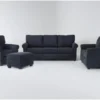 Athos Midnight Blue 4 Piece Sofa, Loveseat, Chair & Storage Ottoman Set -Furniture Store 313168 blue fabric living room set signature 01