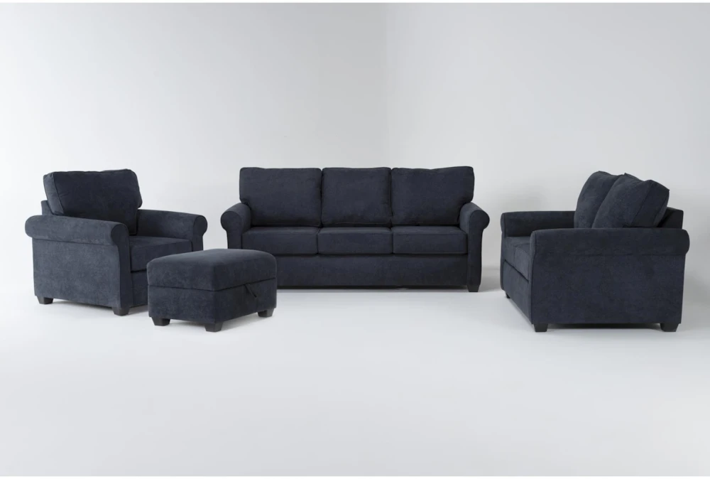 Athos Midnight Blue 4 Piece Sofa, Loveseat, Chair & Storage Ottoman Set 3 Athos Midnight Blue 4 Piece Sofa, Loveseat, Chair & Storage Ottoman Set