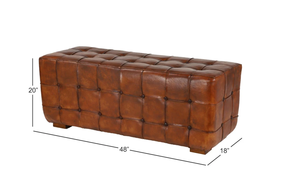 48" Brown Leather & Teak Wood Bench 4 48" Brown Leather & Teak Wood Bench - Image 2