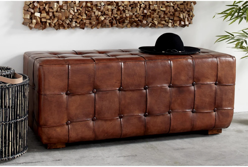 48" Brown Leather & Teak Wood Bench 6 48" Brown Leather & Teak Wood Bench - Image 4