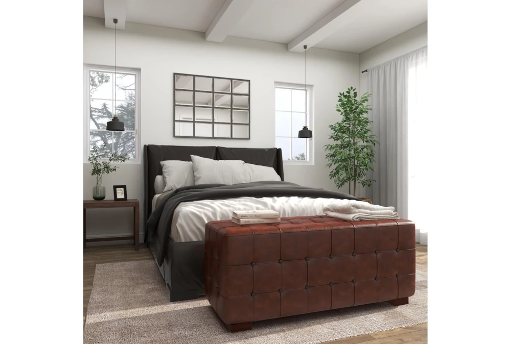 48" Brown Leather & Teak Wood Bench 7 48" Brown Leather & Teak Wood Bench - Image 5