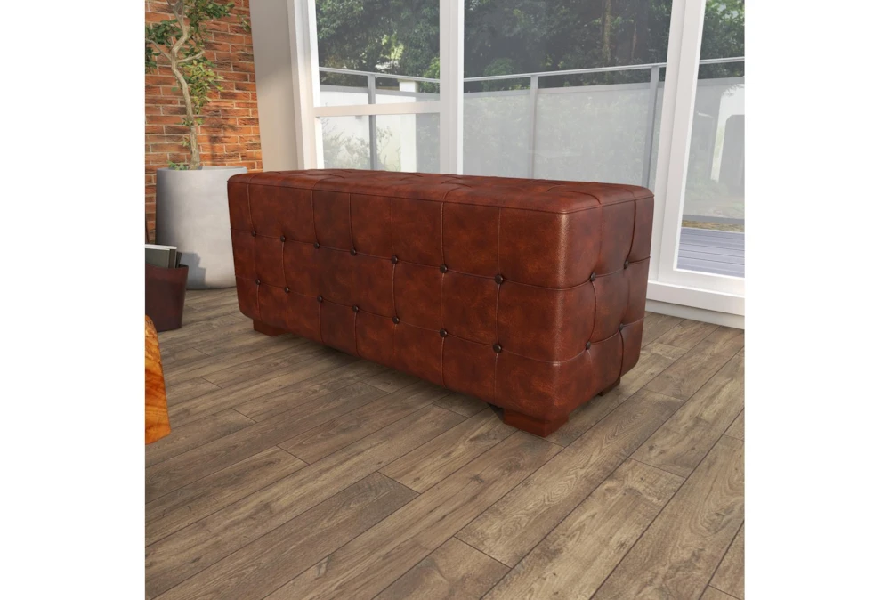 48" Brown Leather & Teak Wood Bench 11 48" Brown Leather & Teak Wood Bench - Image 9