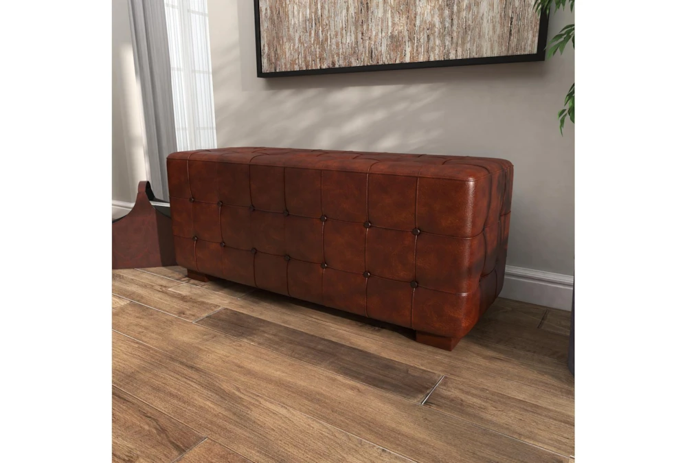 48" Brown Leather & Teak Wood Bench 13 48" Brown Leather & Teak Wood Bench - Image 11