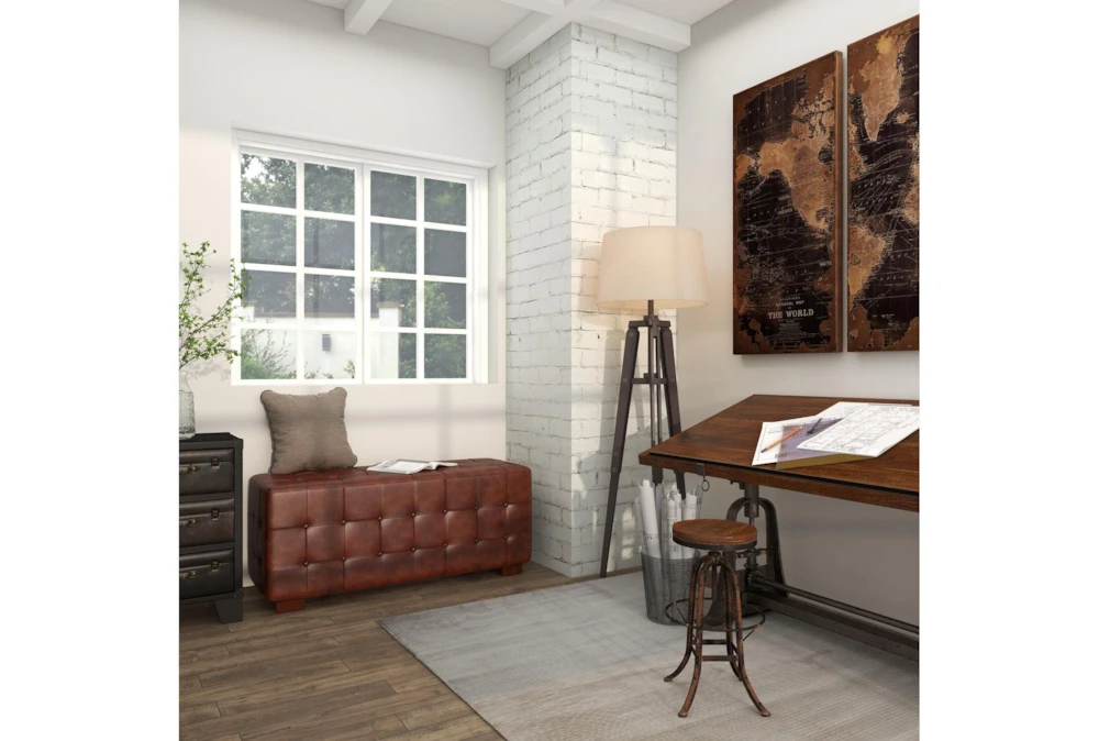 48" Brown Leather & Teak Wood Bench 15 48" Brown Leather & Teak Wood Bench - Image 13