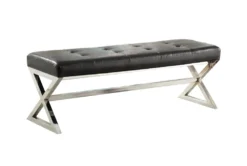 48" Black + Silver Faux Leather Bench
